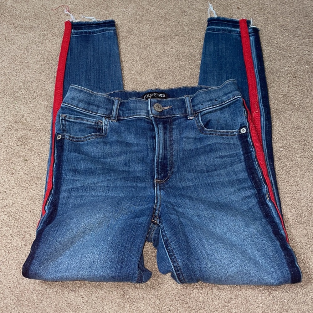 Express High Rise Ankle Jeggings with Red/Navy Stripe
